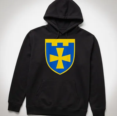 Blue and yellow shield design featuring the 116Th Territorial Defence Brigade crest — printed on a unisex hoodie