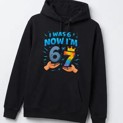 Colorful birthday shirt with playful text celebrating a child's seventh birthday — printed on a unisex hoodie