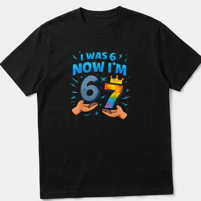 Colorful birthday shirt with playful text celebrating a child's seventh birthday