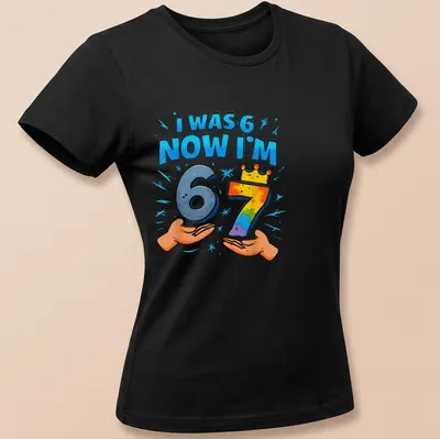Colorful birthday shirt with playful text celebrating a child's seventh birthday — printed on a women's t-shirt