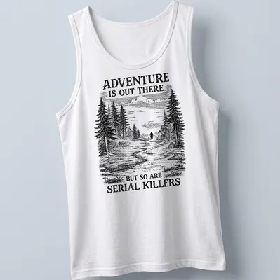 Vintage illustration of a forest with a shadowy figure and text about adventure and serial killers — printed on a tank top