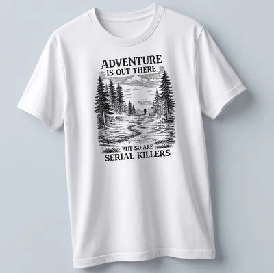 Vintage illustration of a forest with a shadowy figure and text about adventure and serial killers