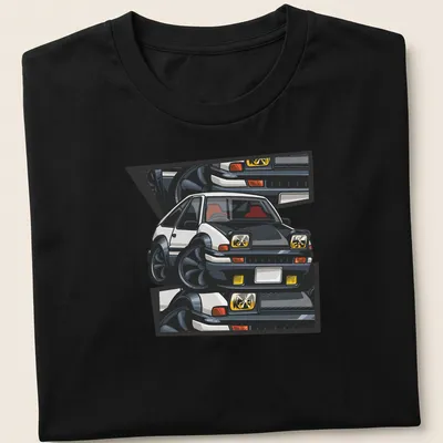 Cartoon print of an AE86 Trueno drift car in vibrant colors