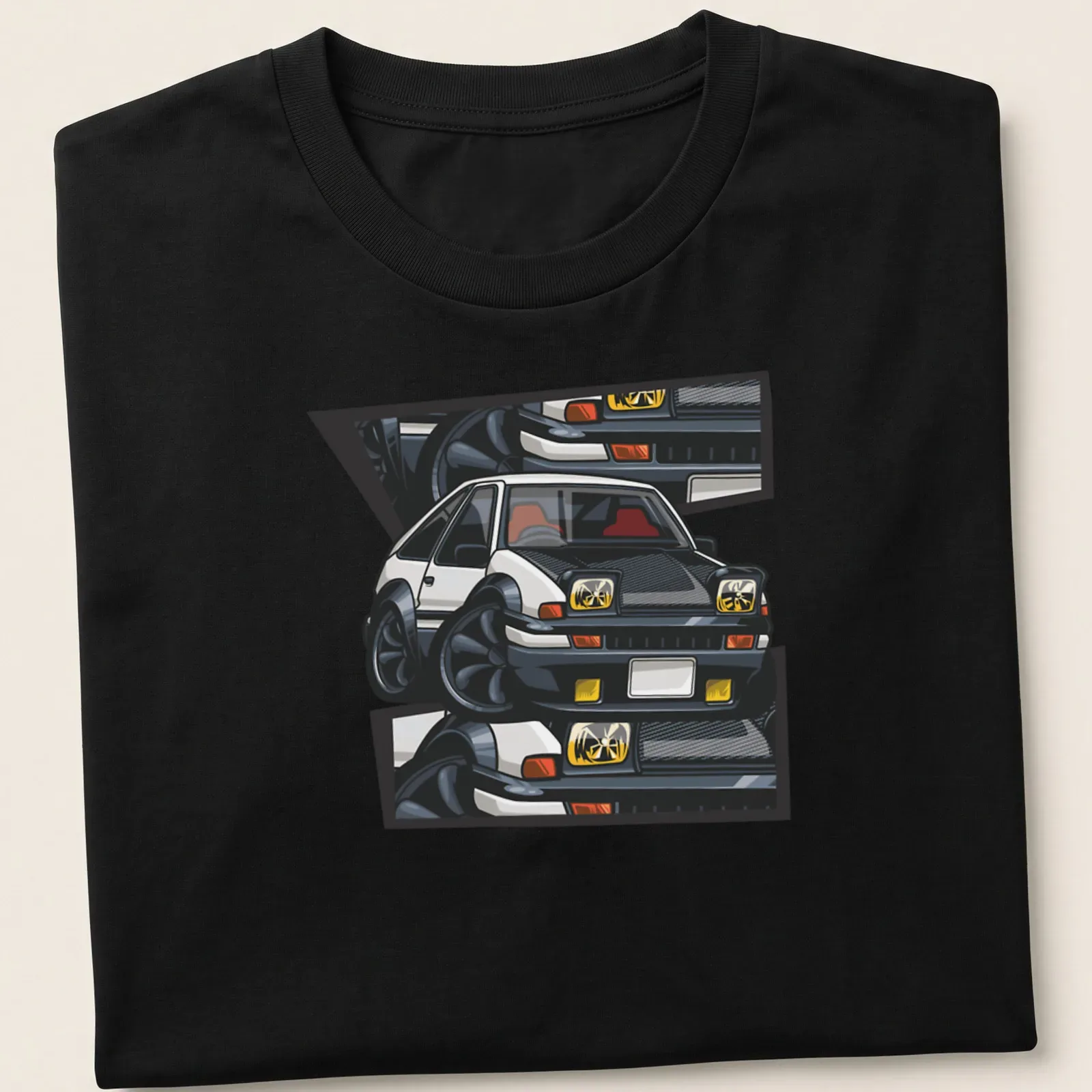 Cartoon print of an AE86 Trueno drift car in vibrant colors — printed on a unisex t-shirt