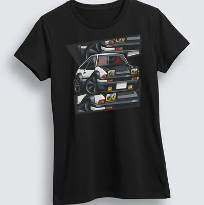 Cartoon print of an AE86 Trueno drift car in vibrant colors — printed on a women's shirt