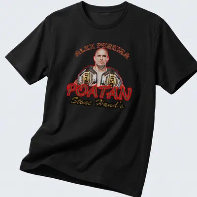 Bold graphic T-shirt featuring Alex Pereira's name in red and gold.