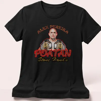 Bold graphic T-shirt featuring Alex Pereira's name in red and gold. — printed on a women's shirt