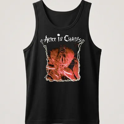 Artistic illustration of a heart with Alice In Chains text in red, black, and white — printed on a tank top