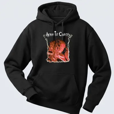 Artistic illustration of a heart with Alice In Chains text in red, black, and white — printed on a unisex hoodie