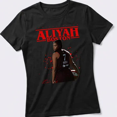 Aliyah Boston basketball t-shirt featuring bold lettering and dynamic illustration — printed on a women's shirt