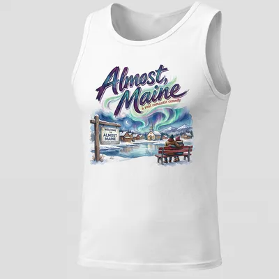 Colorful illustration of a couple sitting on a snowy bench with the title of the play above them. — printed on a tank top