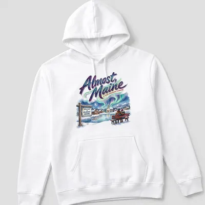 Colorful illustration of a couple sitting on a snowy bench with the title of the play above them. — printed on a unisex hoodie