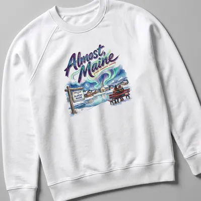 Colorful illustration of a couple sitting on a snowy bench with the title of the play above them. — printed on a unisex sweatshirt