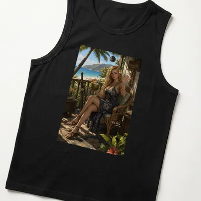 Realistic print of a woman in a floral dress conveying Aloha spirit. — printed on a tank top