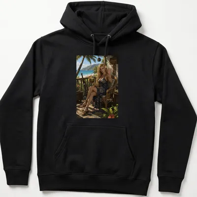 Realistic print of a woman in a floral dress conveying Aloha spirit. — printed on a unisex hoodie