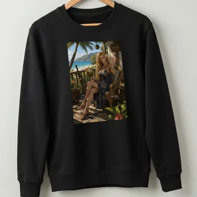 Realistic print of a woman in a floral dress conveying Aloha spirit. — printed on a unisex sweatshirt