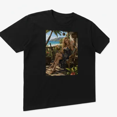 Realistic print of a woman in a floral dress conveying Aloha spirit. — printed on a unisex t-shirt (angled view)