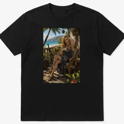 Realistic print of a woman in a floral dress conveying Aloha spirit.