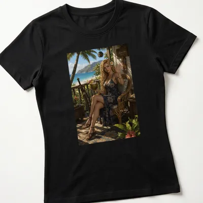 Realistic print of a woman in a floral dress conveying Aloha spirit. — printed on a women's shirt