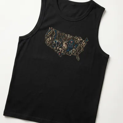 Vintage illustration of a map with folklore monsters and cryptids in blue, red, beige, and white — printed on a tank top