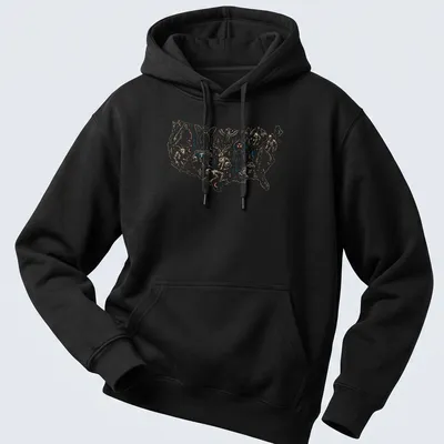 Vintage illustration of a map with folklore monsters and cryptids in blue, red, beige, and white — printed on a unisex hoodie