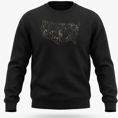 Vintage illustration of a map with folklore monsters and cryptids in blue, red, beige, and white — printed on a unisex sweatshirt