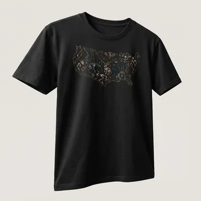Vintage illustration of a map with folklore monsters and cryptids in blue, red, beige, and white — printed on a unisex t-shirt (angled view)