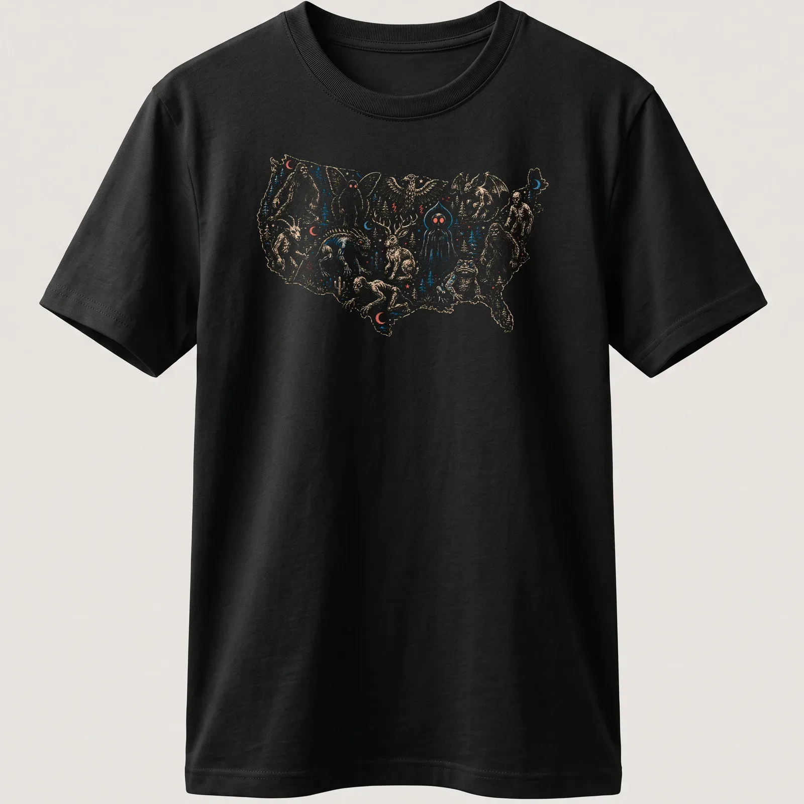 Vintage illustration of a map with folklore monsters and cryptids in blue, red, beige, and white — printed on a unisex t-shirt