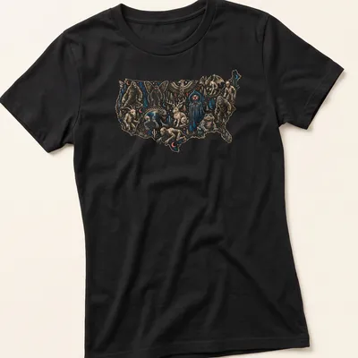 Vintage illustration of a map with folklore monsters and cryptids in blue, red, beige, and white — printed on a women's shirt