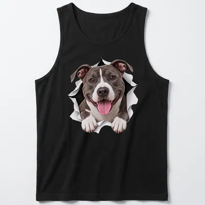 Realistic print of an American Staffordshire Terrier with a playful expression in gray, white, and black. — printed on a tank top