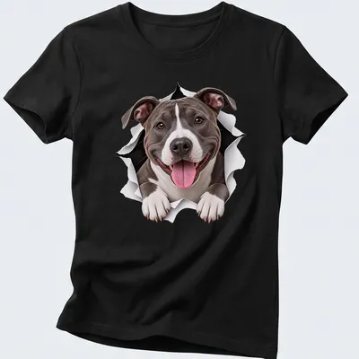 Realistic print of an American Staffordshire Terrier with a playful expression in gray, white, and black. — printed on a women's shirt