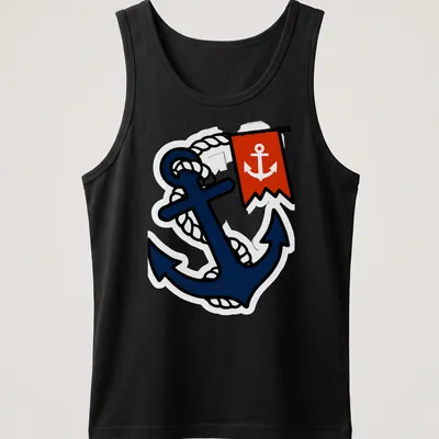 Traditional tattoo style of an anchor entwined with rope in navy, red, and white — printed on a tank top