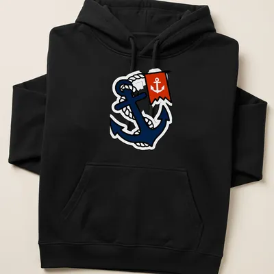 Traditional tattoo style of an anchor entwined with rope in navy, red, and white — printed on a unisex hoodie