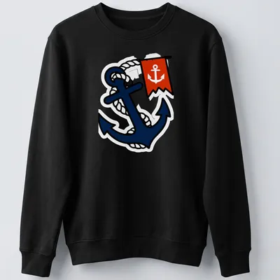 Traditional tattoo style of an anchor entwined with rope in navy, red, and white — printed on a unisex sweatshirt