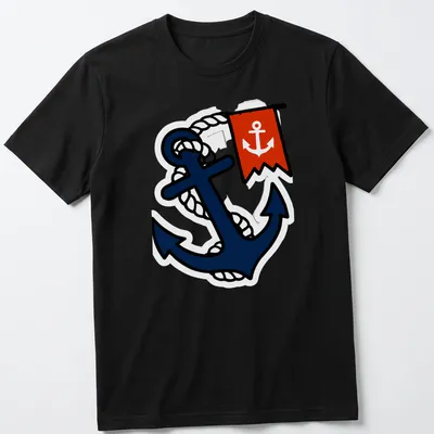 Traditional tattoo style of an anchor entwined with rope in navy, red, and white