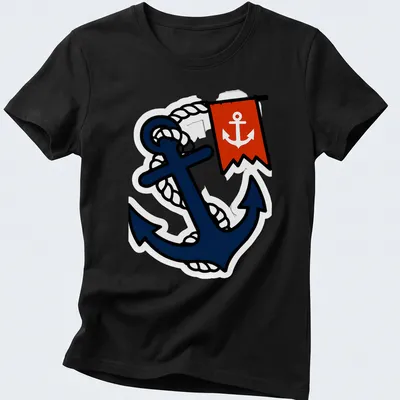 Traditional tattoo style of an anchor entwined with rope in navy, red, and white — printed on a women's shirt