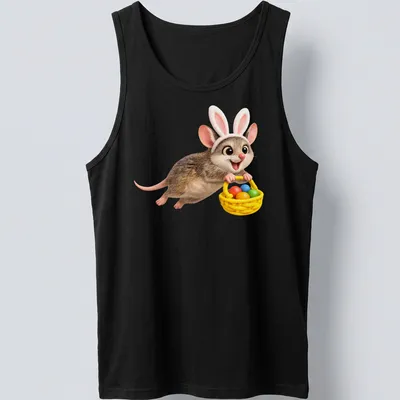 Cartoon Antechinus bunny with colorful Easter eggs in a cute design — printed on a tank top