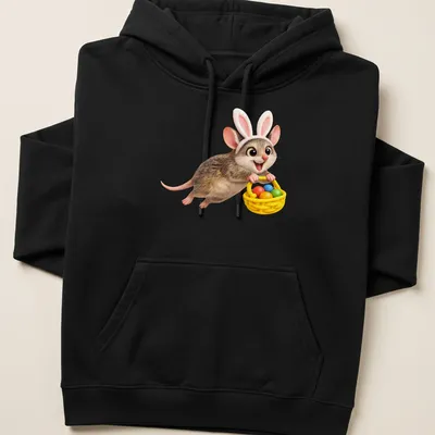 Cartoon Antechinus bunny with colorful Easter eggs in a cute design — printed on a unisex hoodie