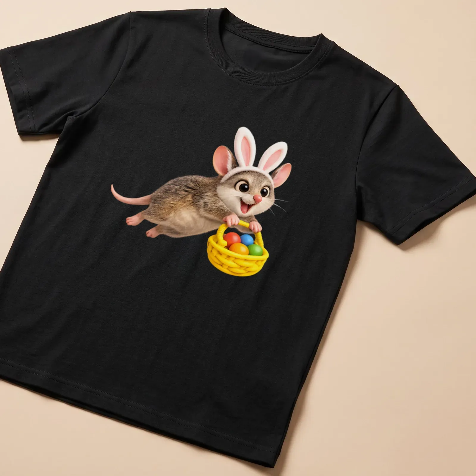 Cartoon Antechinus bunny with colorful Easter eggs in a cute design — printed on a unisex t-shirt