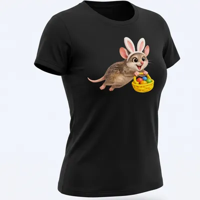Cartoon Antechinus bunny with colorful Easter eggs in a cute design — printed on a women's shirt