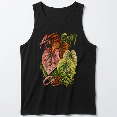 Watercolor Anthurium leaves with text 'ANTHURIUM Collector' in vibrant colors — printed on a tank top