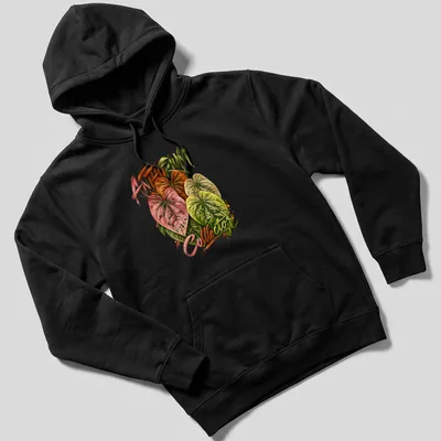 Watercolor Anthurium leaves with text 'ANTHURIUM Collector' in vibrant colors — printed on a unisex hoodie