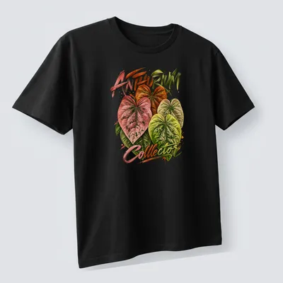 Watercolor Anthurium leaves with text 'ANTHURIUM Collector' in vibrant colors — printed on a unisex t-shirt (angled view)