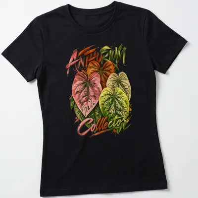 Watercolor Anthurium leaves with text 'ANTHURIUM Collector' in vibrant colors — printed on a women's shirt