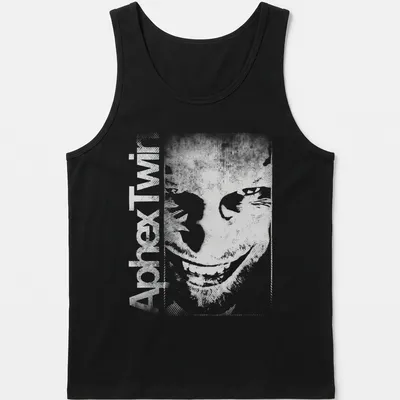 Minimalist Aphex Twin album tee with bold black text on white background — printed on a tank top
