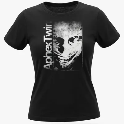 Minimalist Aphex Twin album tee with bold black text on white background — printed on a women's shirt
