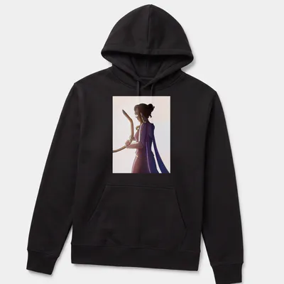 Digital illustration of archer woman with the text 'Penelope A Challenge' in purple and peach tones. — printed on a unisex hoodie