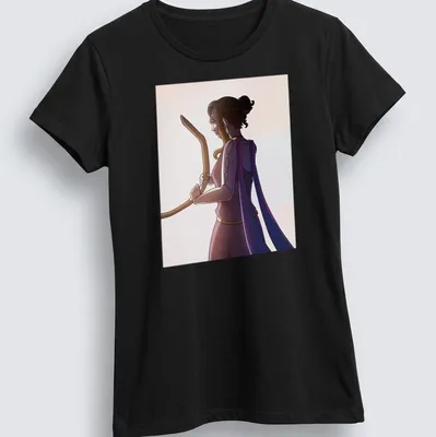 Digital illustration of archer woman with the text 'Penelope A Challenge' in purple and peach tones. — printed on a women's shirt