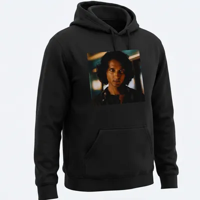 Dramatic portrait of Armand in dark hues with blue and gold accents — printed on a unisex hoodie