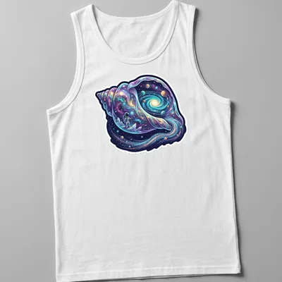 Astronaut holding a cosmic conch shell in vibrant cosmic colors — printed on a tank top
